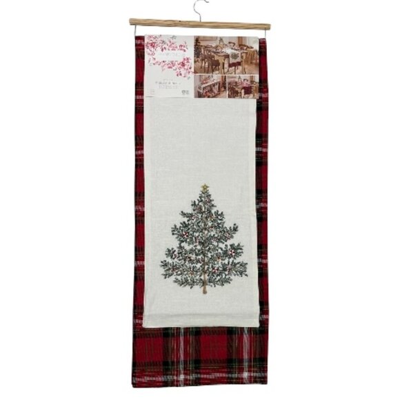 Shabby Chic 2 Piece Christmas Table Runner Embroidered Tree Tartan Plaid NWT - Picture 1 of 12